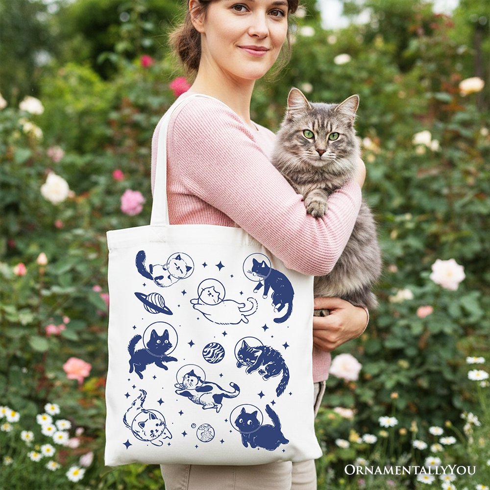 Cats in Space Retro Canvas Tote Bag,